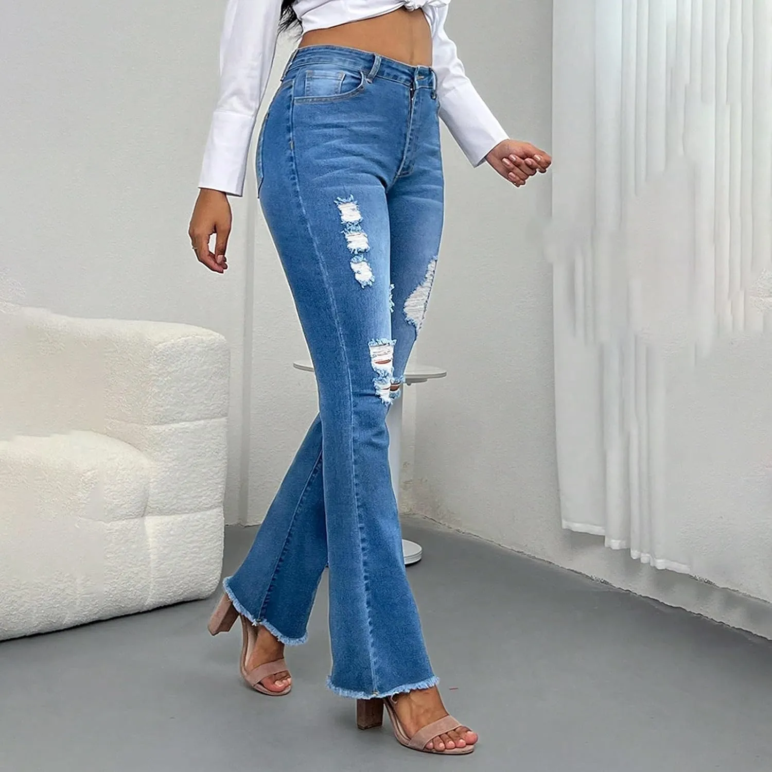 Flare Jeans for Women Ripped High Waisted Raw Hem Bootcut Jeans Stretchy Colombian Design Butt Lifting Denim Pants