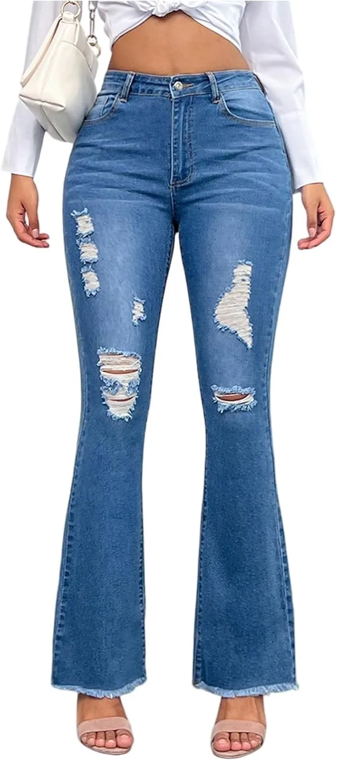 Flare Jeans for Women Ripped High Waisted Raw Hem Bootcut Jeans Stretchy Colombian Design Butt Lifting Denim Pants