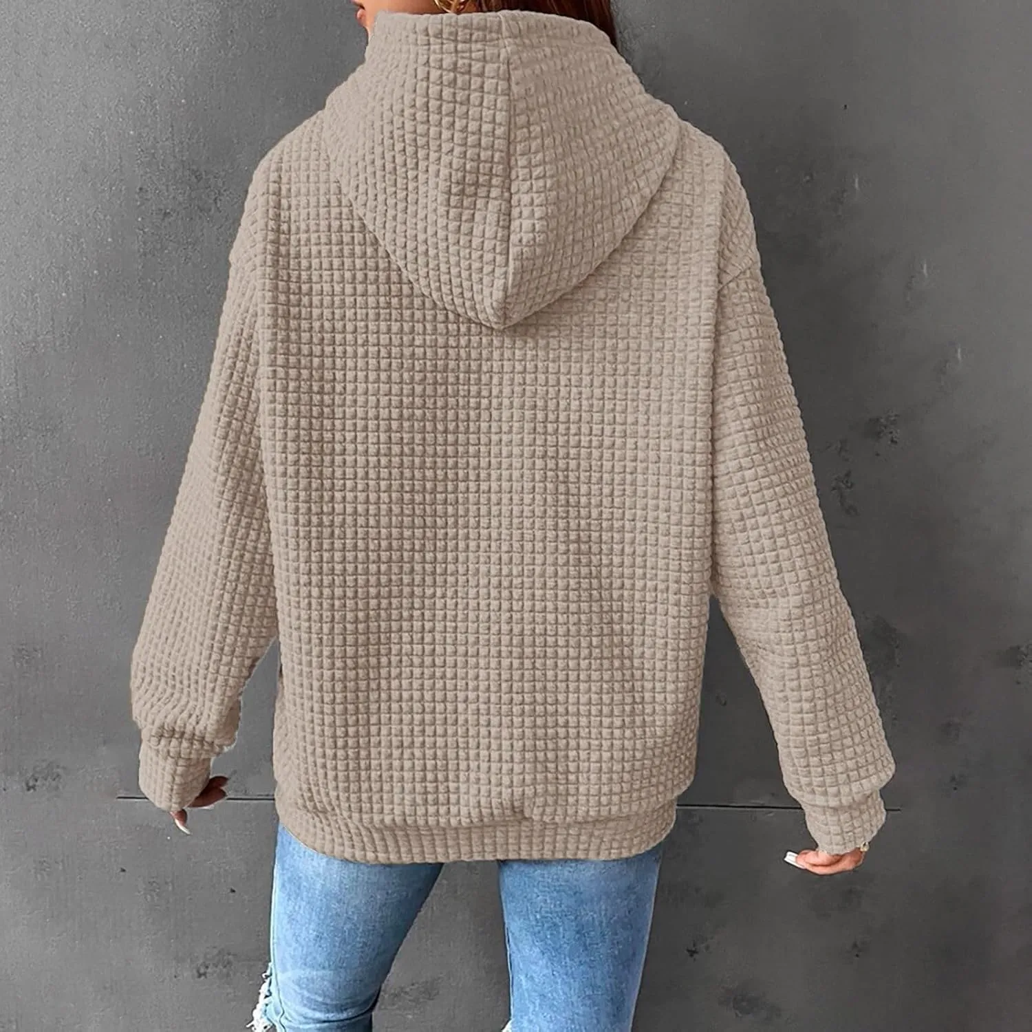 GIERIDUC Womens Oversized Hoodies Fall Winter Casual Waffle Plaid Sweatshirt Pockets Long Sleeve Drawstring Hooded Pullover