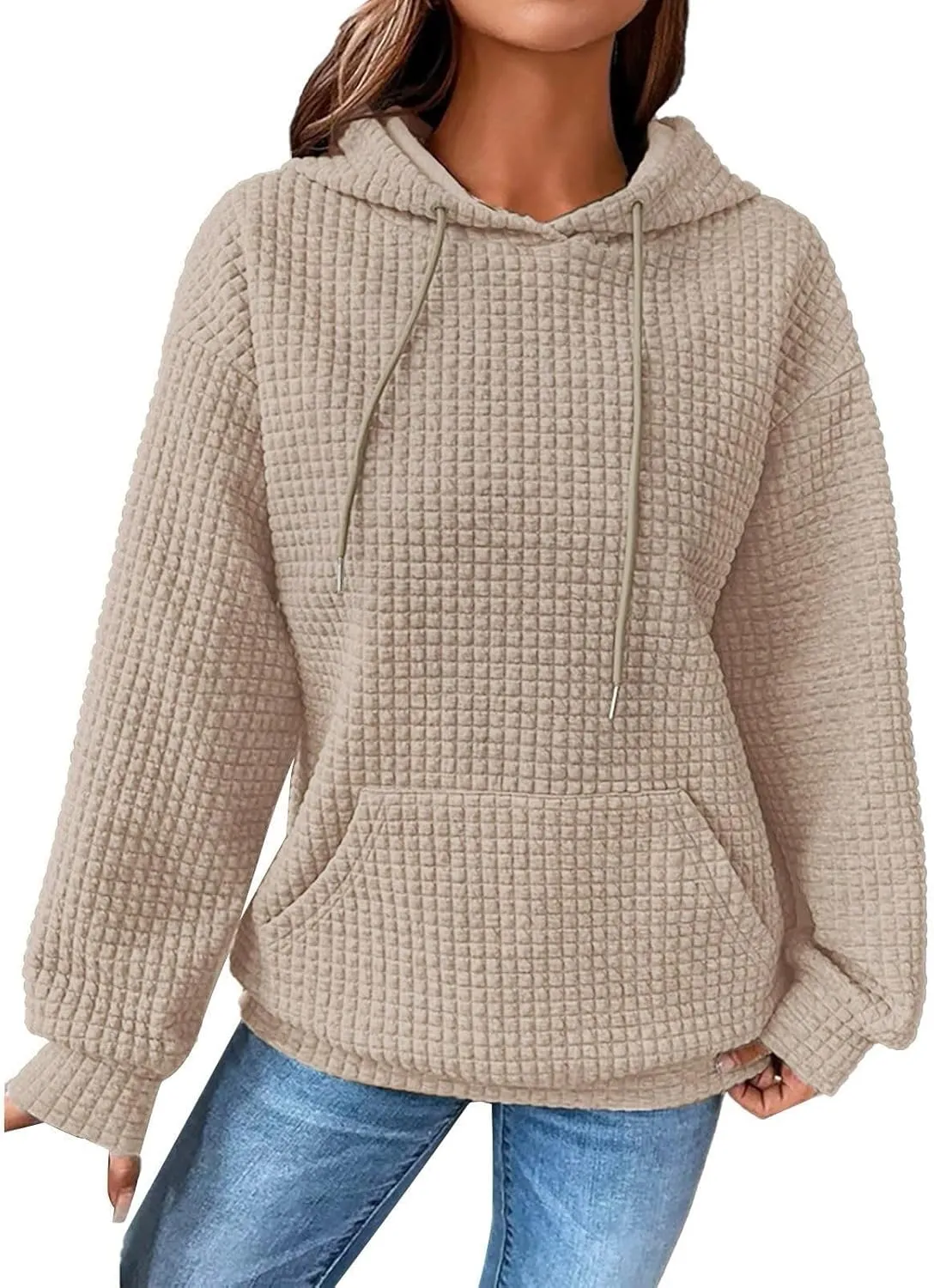 GIERIDUC Womens Oversized Hoodies Fall Winter Casual Waffle Plaid Sweatshirt Pockets Long Sleeve Drawstring Hooded Pullover