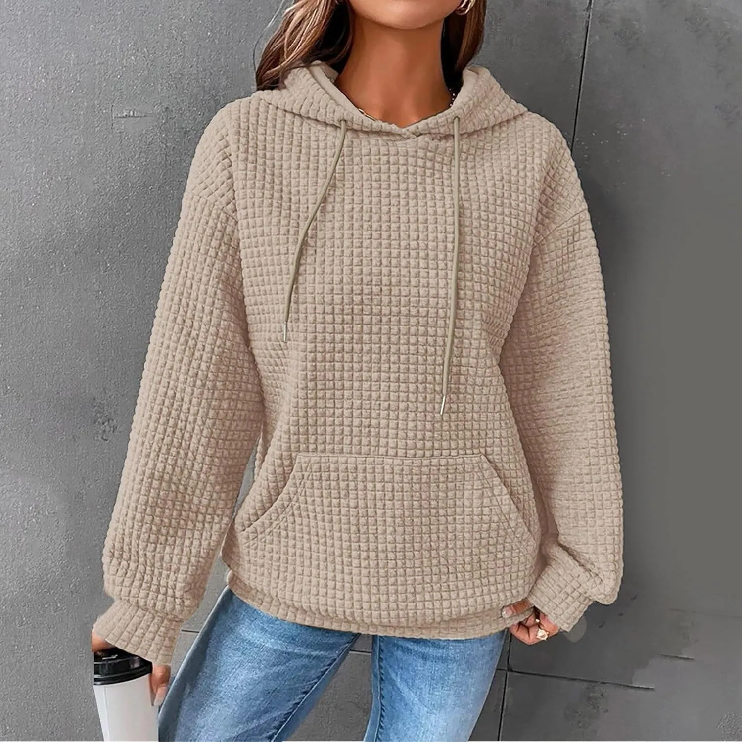GIERIDUC Womens Oversized Hoodies Fall Winter Casual Waffle Plaid Sweatshirt Pockets Long Sleeve Drawstring Hooded Pullover