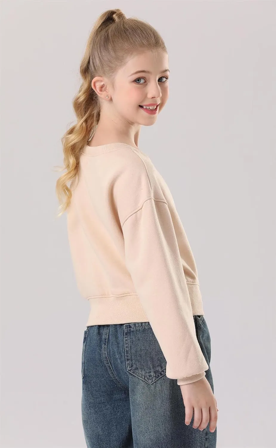 Girls Crew Neck Long Sleeve Cropped Sweatshirts Cute Loose Fit Pullover Tops