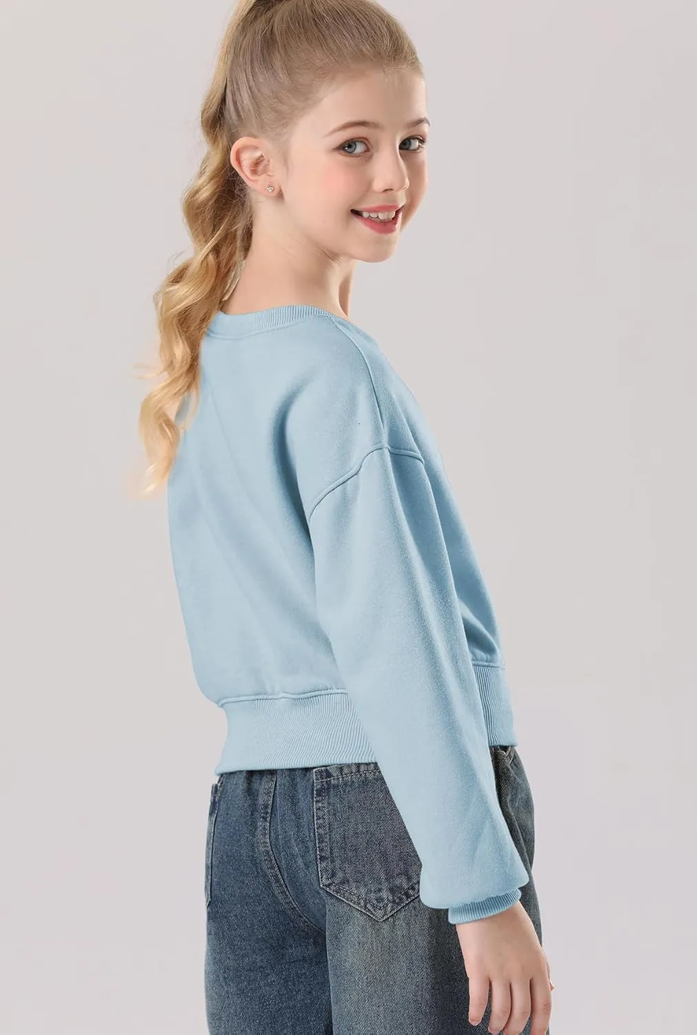 Girls Crew Neck Long Sleeve Cropped Sweatshirts Cute Loose Fit Pullover Tops