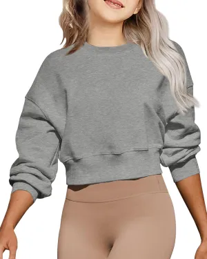 Girls Crew Neck Long Sleeve Cropped Sweatshirts Cute Loose Fit Pullover Tops