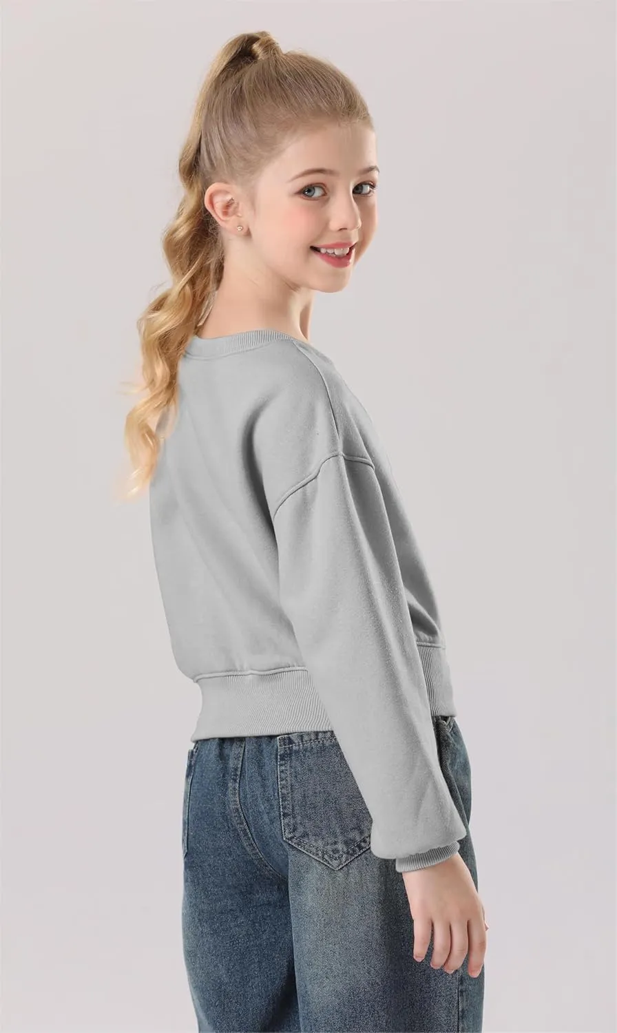 Girls Crew Neck Long Sleeve Cropped Sweatshirts Cute Loose Fit Pullover Tops