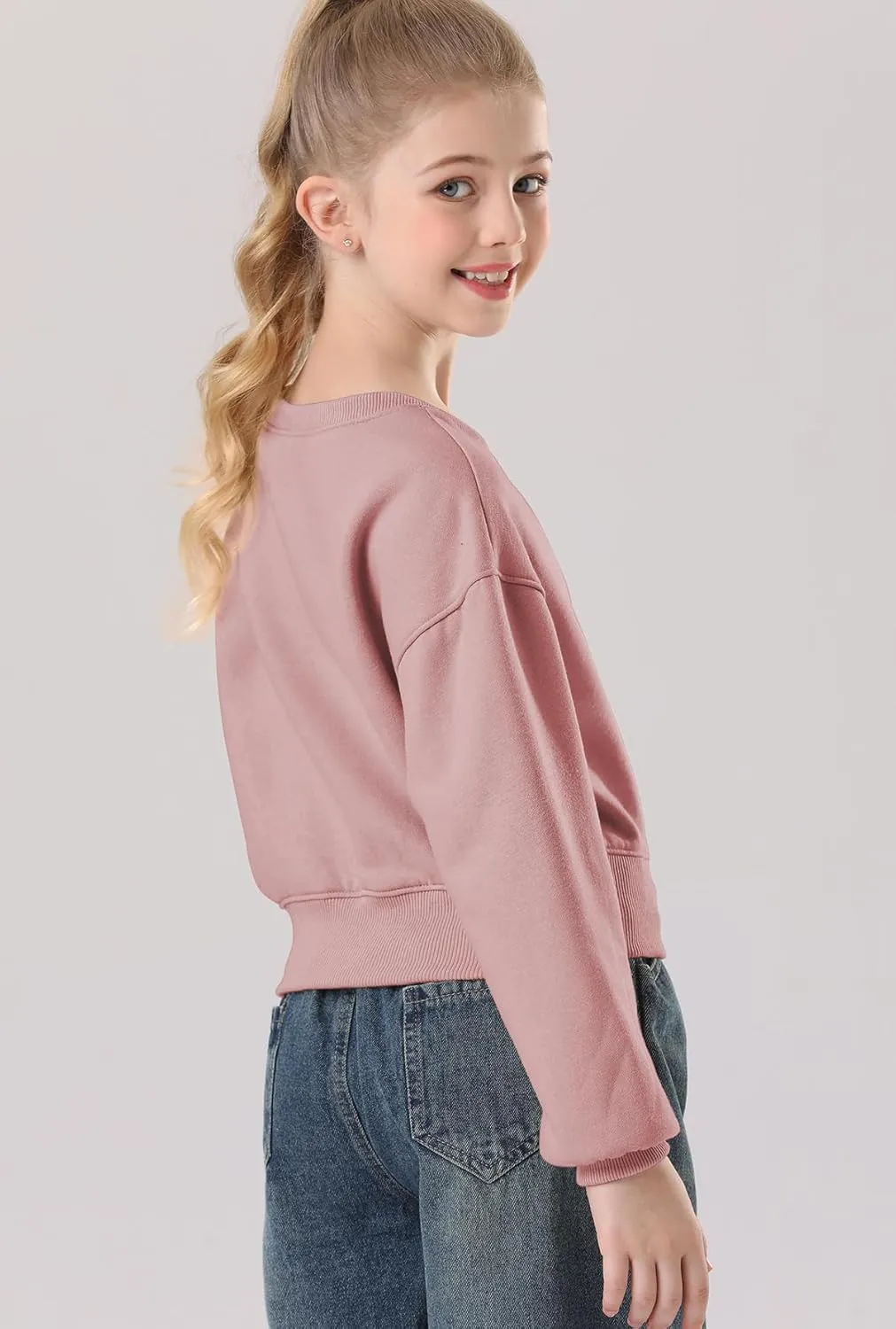 Girls Crew Neck Long Sleeve Cropped Sweatshirts Cute Loose Fit Pullover Tops