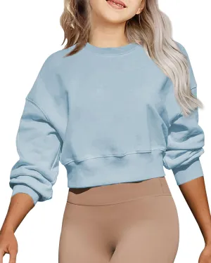 Girls Crew Neck Long Sleeve Cropped Sweatshirts Cute Loose Fit Pullover Tops