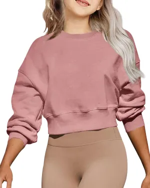 Girls Crew Neck Long Sleeve Cropped Sweatshirts Cute Loose Fit Pullover Tops