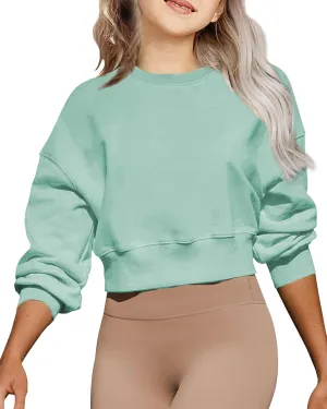 Girls Crew Neck Long Sleeve Cropped Sweatshirts Cute Loose Fit Pullover Tops