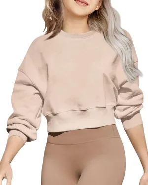Girls Crew Neck Long Sleeve Cropped Sweatshirts Cute Loose Fit Pullover Tops