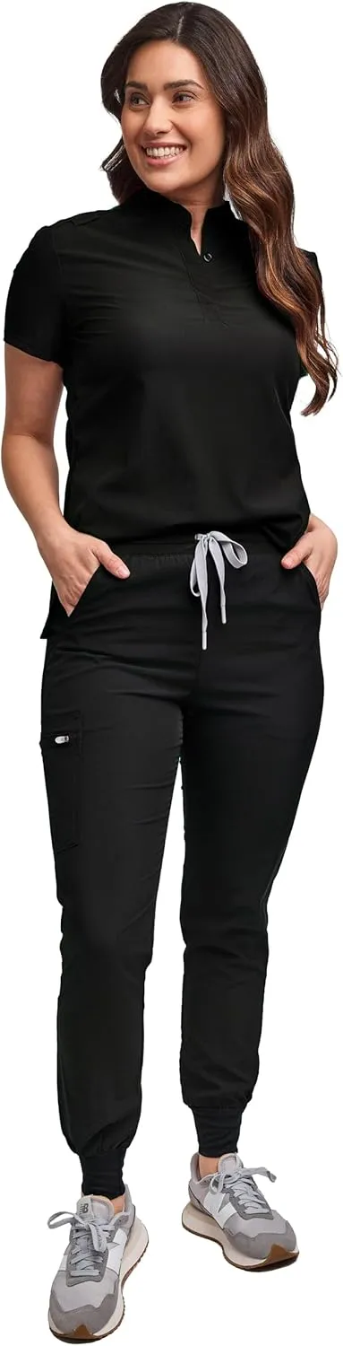 Green Town Scrubs for Women Scrub Set - Slim Fit Jogger Pant and Mandarin Collar Tuck-in Top, Easy Care Uniform