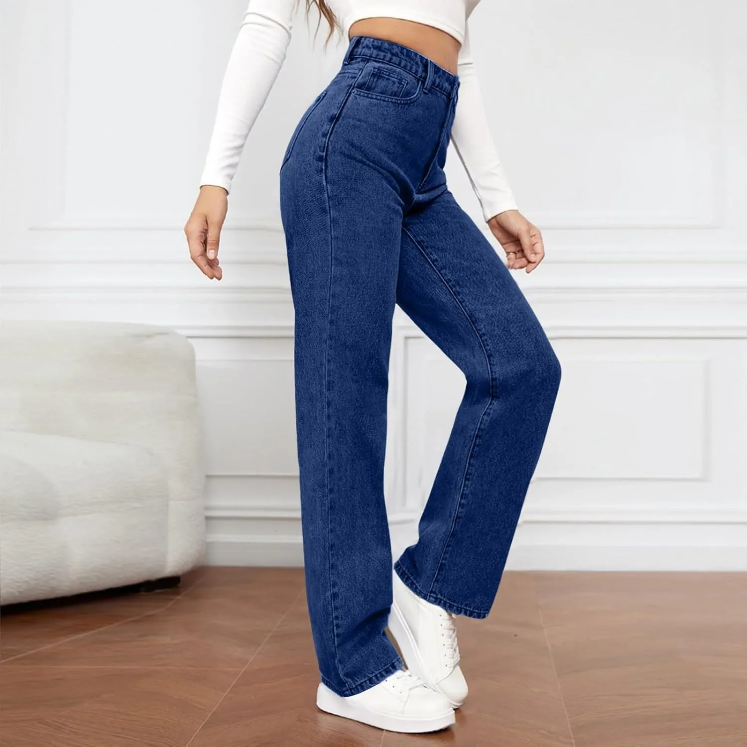 High Rise Jeans for Women Wide Leg Stretchy Pants Straight Leg Loose Denim Tummy Control Trousers with Pockets