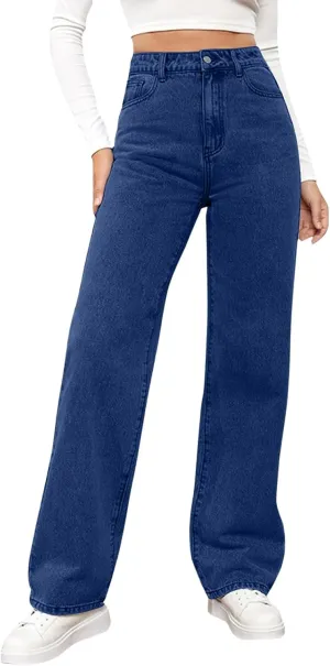 High Rise Jeans for Women Wide Leg Stretchy Pants Straight Leg Loose Denim Tummy Control Trousers with Pockets