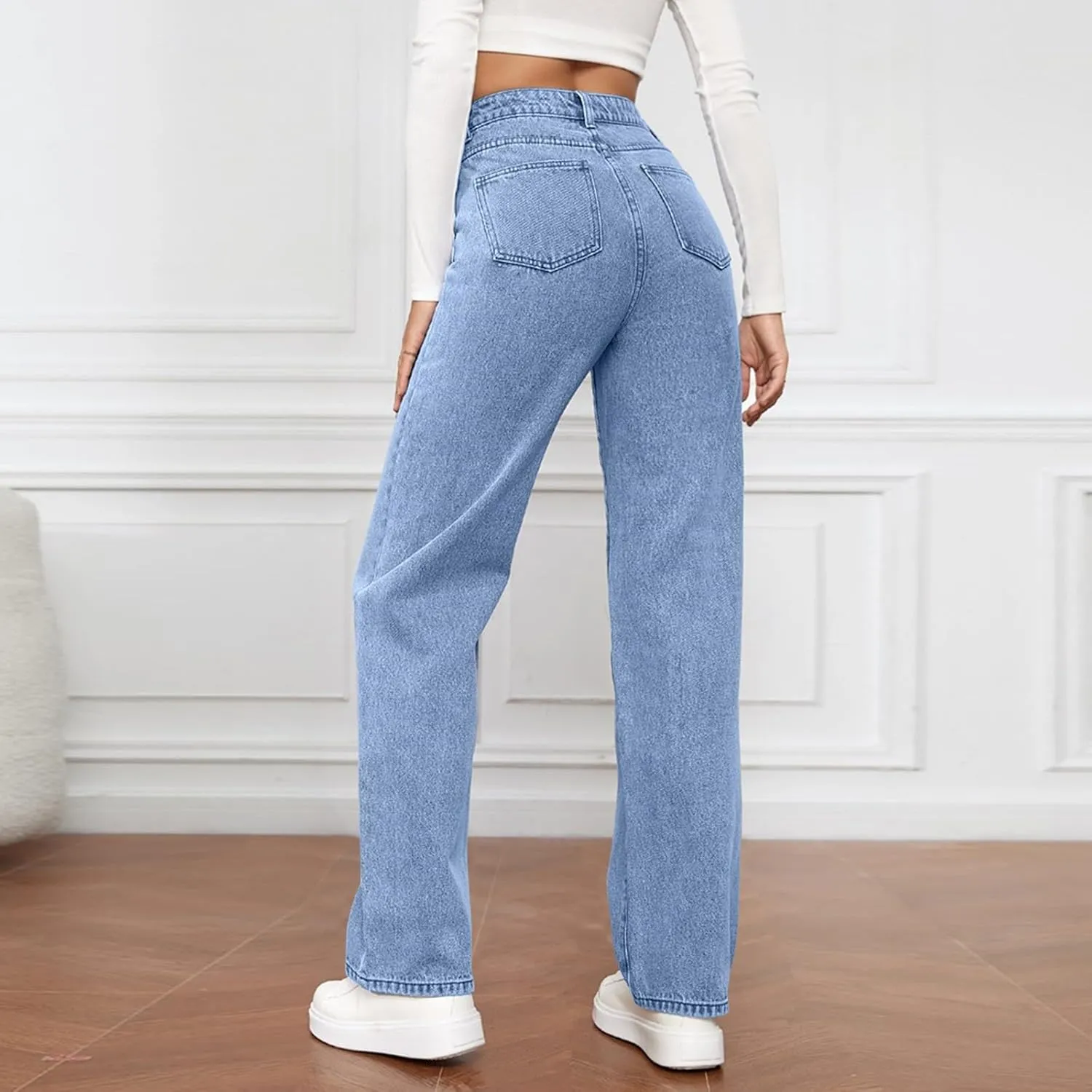 High Rise Jeans for Women Wide Leg Stretchy Pants Straight Leg Loose Denim Tummy Control Trousers with Pockets