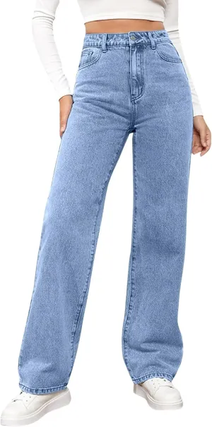 High Rise Jeans for Women Wide Leg Stretchy Pants Straight Leg Loose Denim Tummy Control Trousers with Pockets