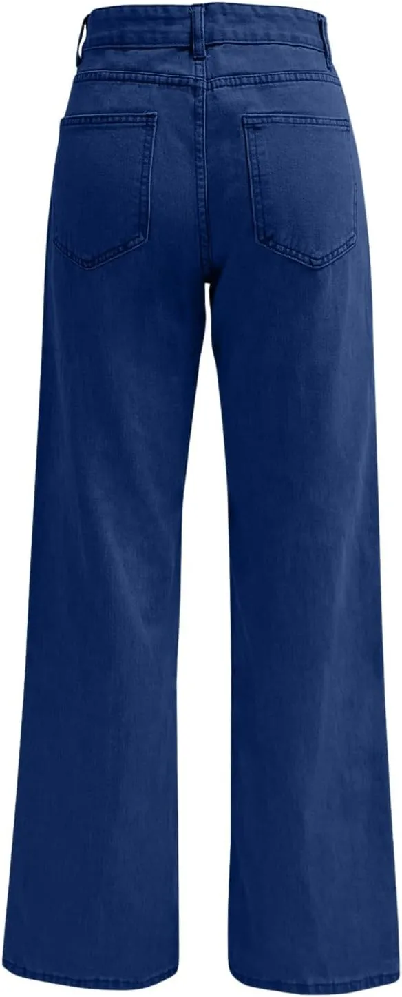 High Rise Jeans for Women Wide Leg Stretchy Pants Straight Leg Loose Denim Tummy Control Trousers with Pockets