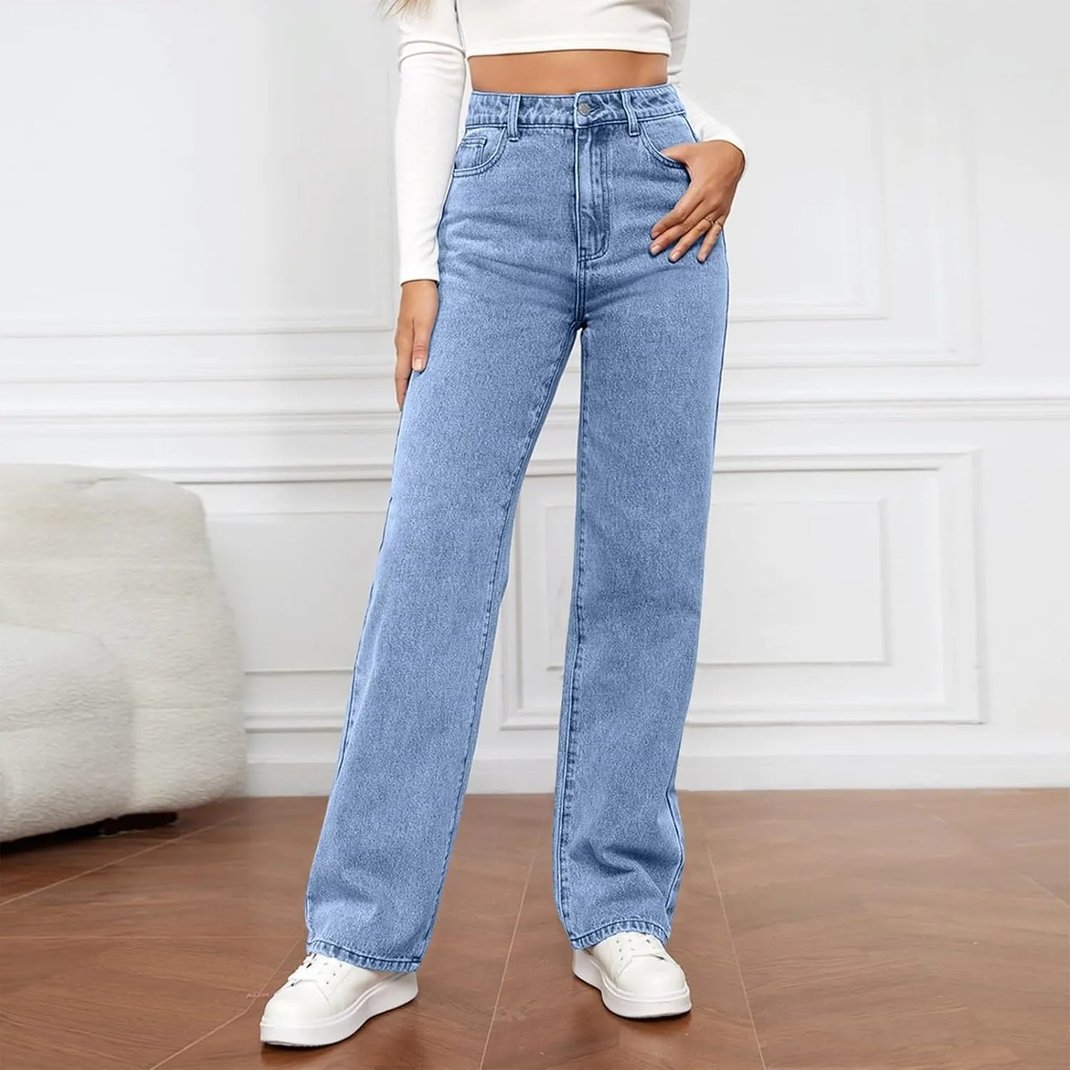 High Rise Jeans for Women Wide Leg Stretchy Pants Straight Leg Loose Denim Tummy Control Trousers with Pockets