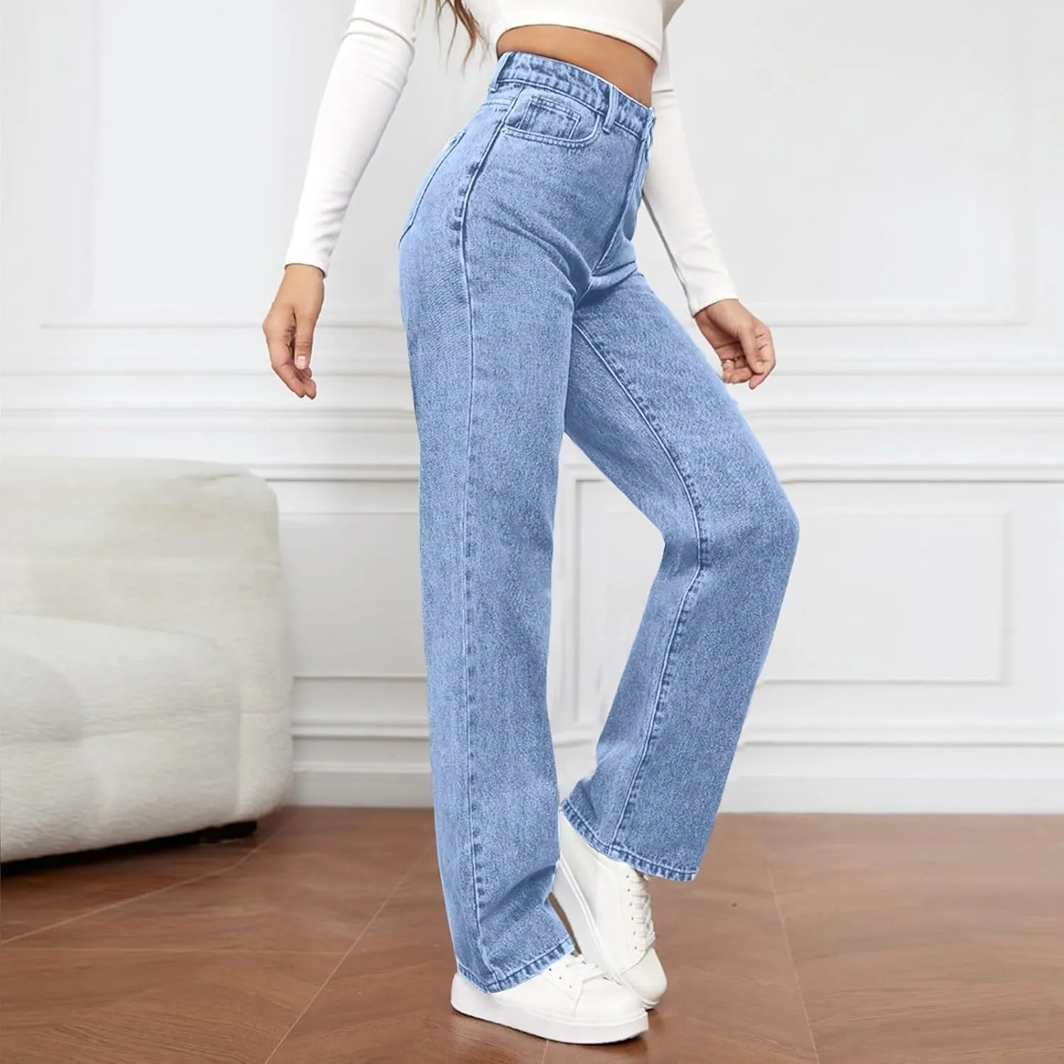 High Rise Jeans for Women Wide Leg Stretchy Pants Straight Leg Loose Denim Tummy Control Trousers with Pockets