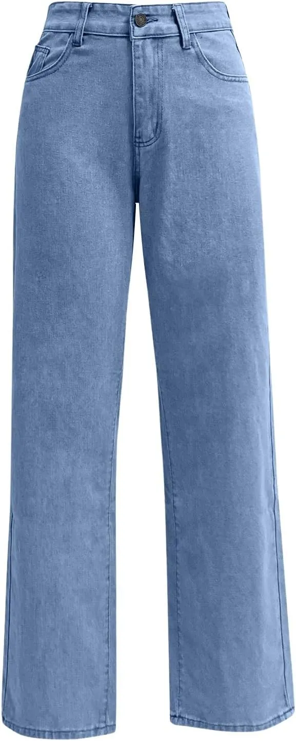 High Rise Jeans for Women Wide Leg Stretchy Pants Straight Leg Loose Denim Tummy Control Trousers with Pockets