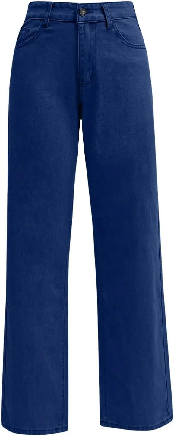 High Rise Jeans for Women Wide Leg Stretchy Pants Straight Leg Loose Denim Tummy Control Trousers with Pockets