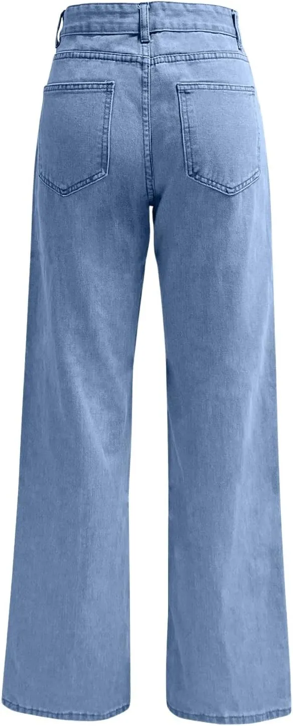 High Rise Jeans for Women Wide Leg Stretchy Pants Straight Leg Loose Denim Tummy Control Trousers with Pockets