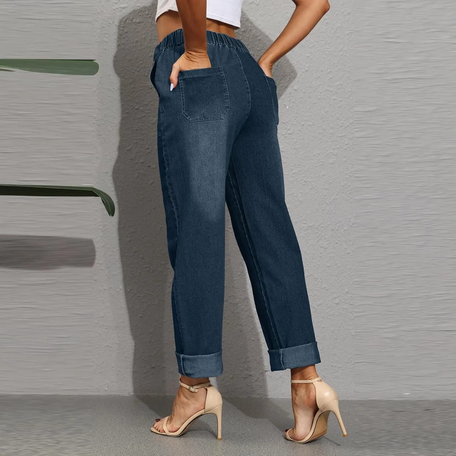High Waisted Jeans for Women Elastic Waist Tie Jeans Washed Stretch Straight Leg Denim Pants