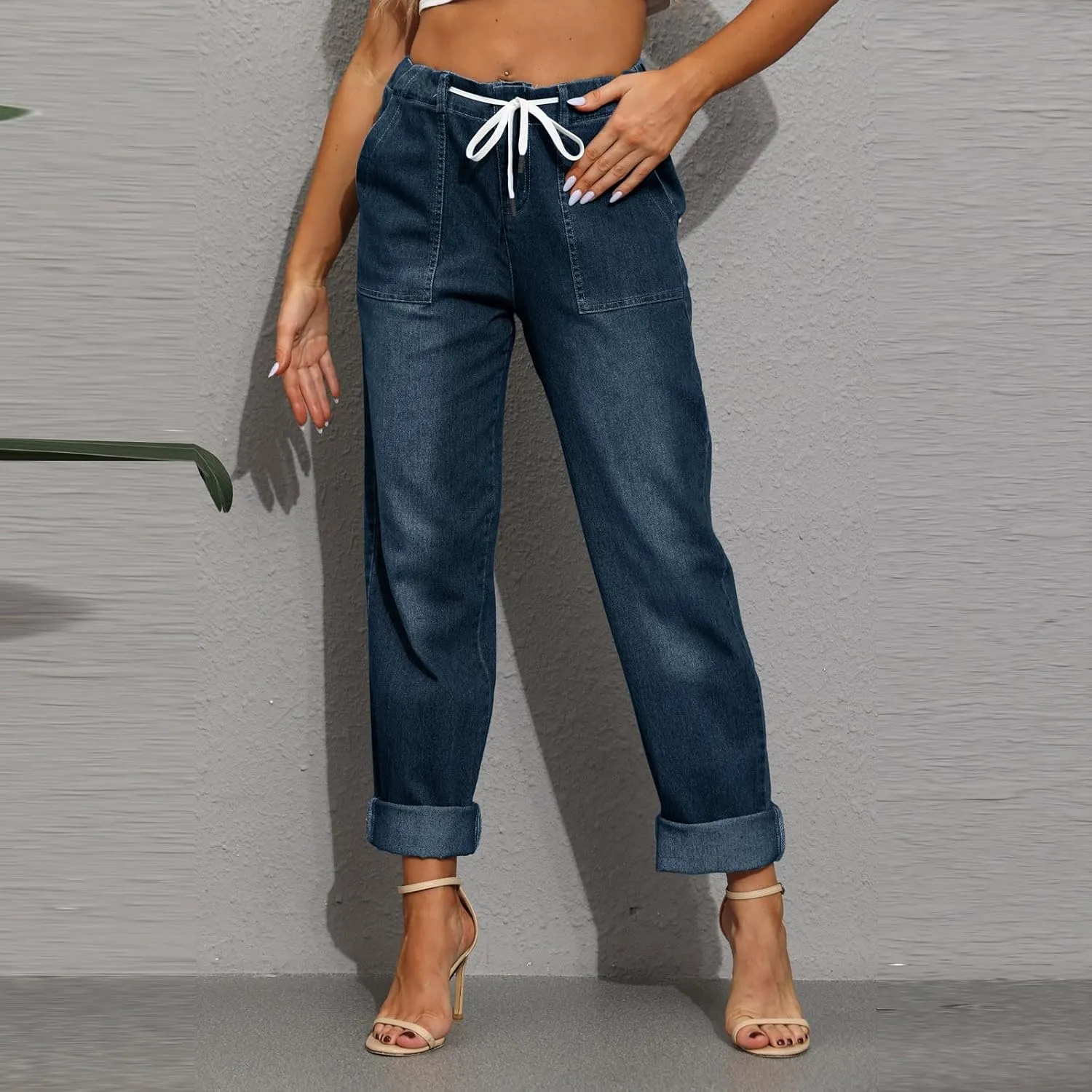 High Waisted Jeans for Women Elastic Waist Tie Jeans Washed Stretch Straight Leg Denim Pants