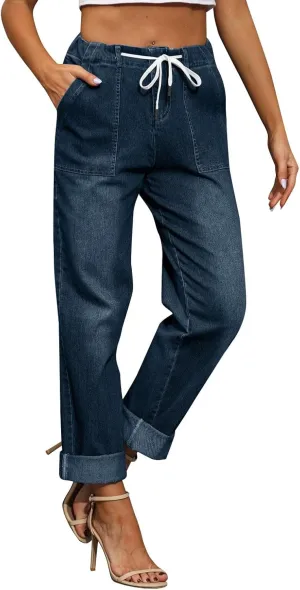 High Waisted Jeans for Women Elastic Waist Tie Jeans Washed Stretch Straight Leg Denim Pants