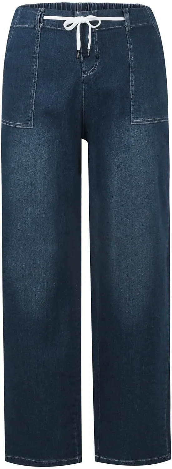 High Waisted Jeans for Women Elastic Waist Tie Jeans Washed Stretch Straight Leg Denim Pants