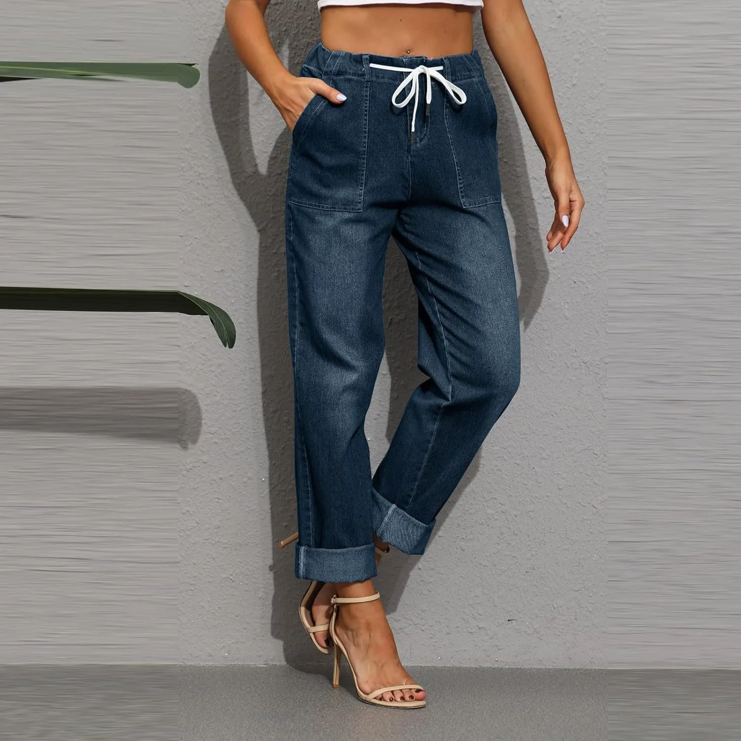 High Waisted Jeans for Women Elastic Waist Tie Jeans Washed Stretch Straight Leg Denim Pants