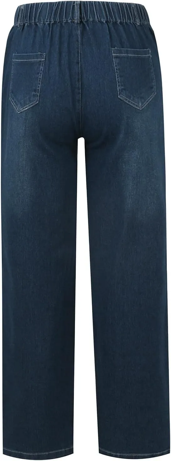 High Waisted Jeans for Women Elastic Waist Tie Jeans Washed Stretch Straight Leg Denim Pants