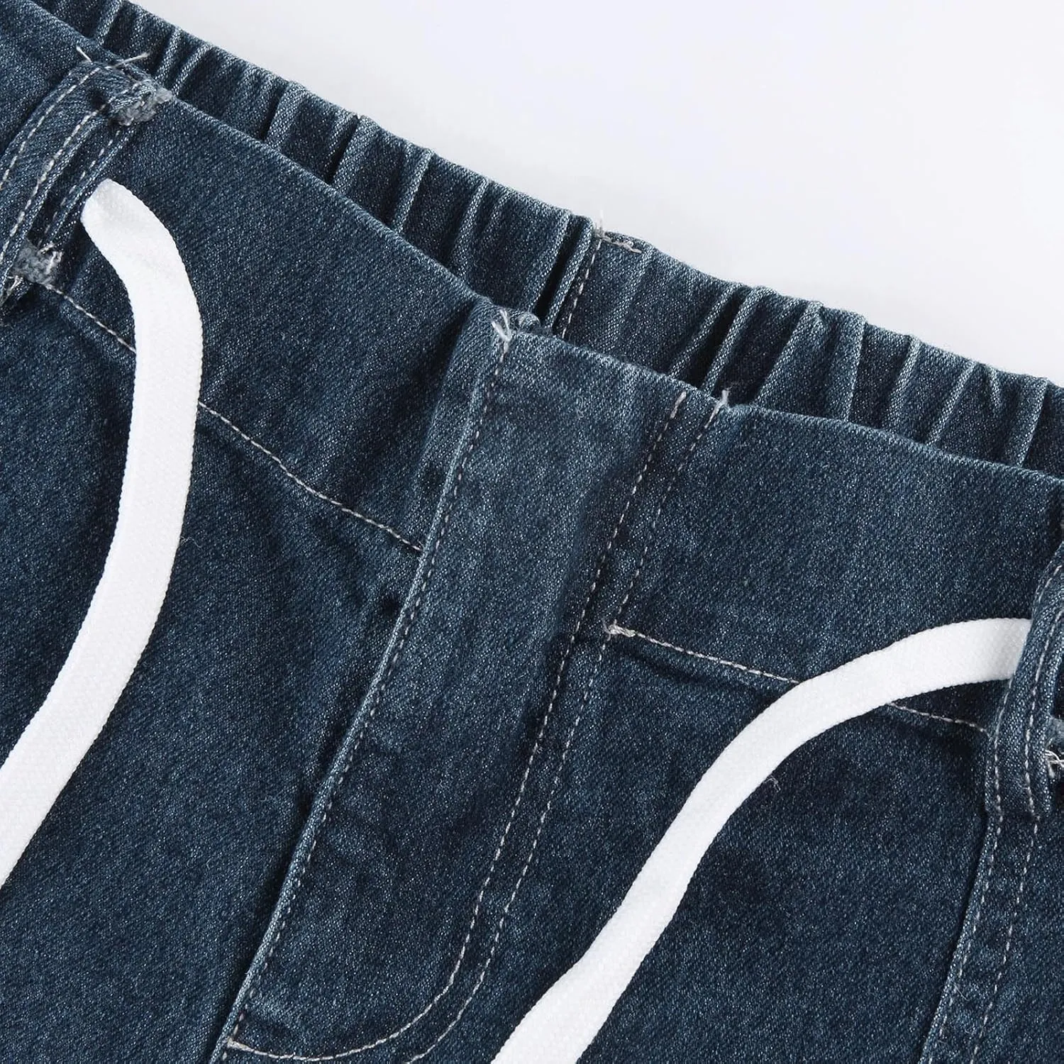 High Waisted Jeans for Women Elastic Waist Tie Jeans Washed Stretch Straight Leg Denim Pants