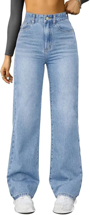 High Waisted Jeans for Women Straight Leg Denim Pants Wide Leg Jeans High Rise Baggy Pants with Pocket Streetwear