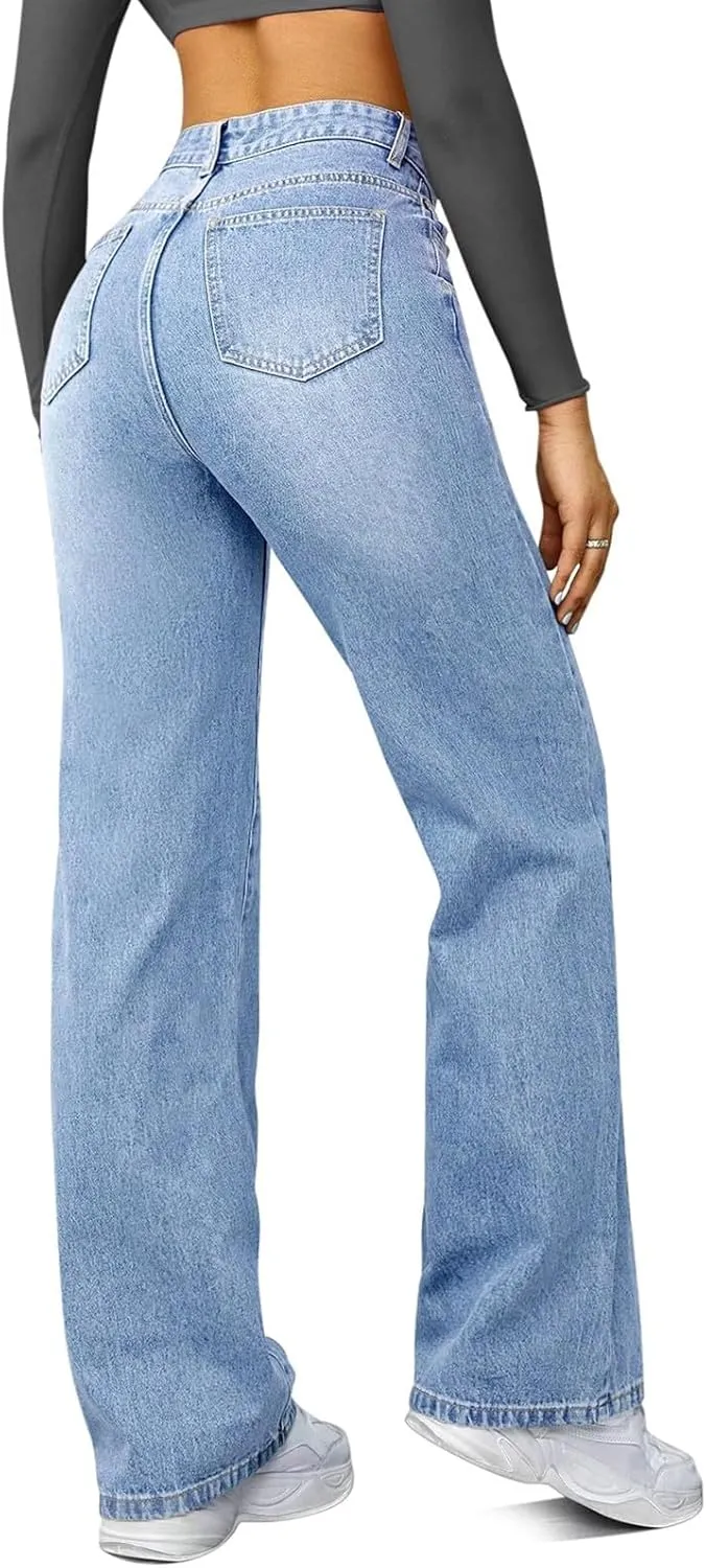 High Waisted Jeans for Women Straight Leg Denim Pants Wide Leg Jeans High Rise Baggy Pants with Pocket Streetwear