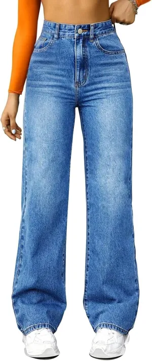 High Waisted Jeans for Women Straight Leg Denim Pants Wide Leg Jeans High Rise Baggy Pants with Pocket Streetwear