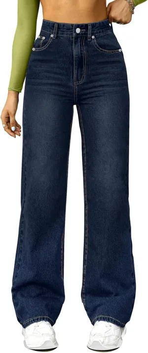 High Waisted Jeans for Women Straight Leg Denim Pants Wide Leg Jeans High Rise Baggy Pants with Pocket Streetwear