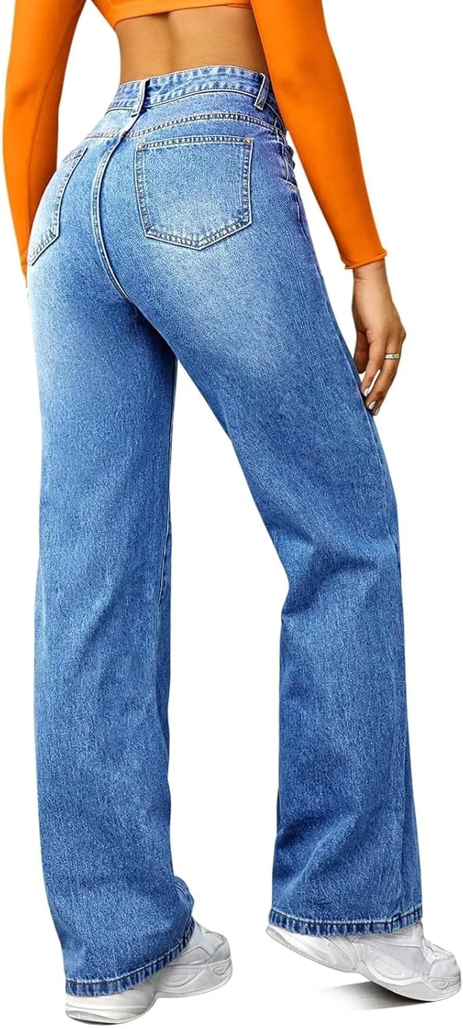 High Waisted Jeans for Women Straight Leg Denim Pants Wide Leg Jeans High Rise Baggy Pants with Pocket Streetwear