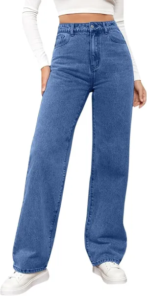 High Waisted Jeans for Women Straight Leg Denim Pants Wide Leg Jeans High Rise Trendy Pants Plus Size with Pocket