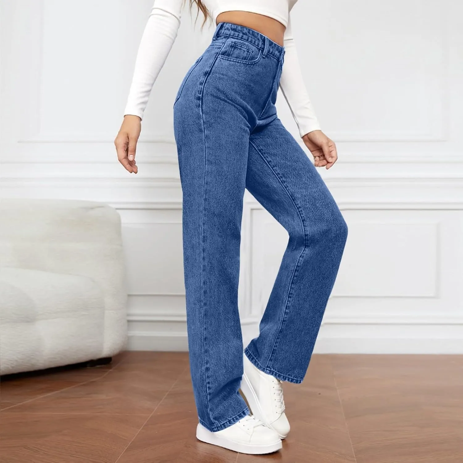 High Waisted Jeans for Women Straight Leg Denim Pants Wide Leg Jeans High Rise Trendy Pants Plus Size with Pocket