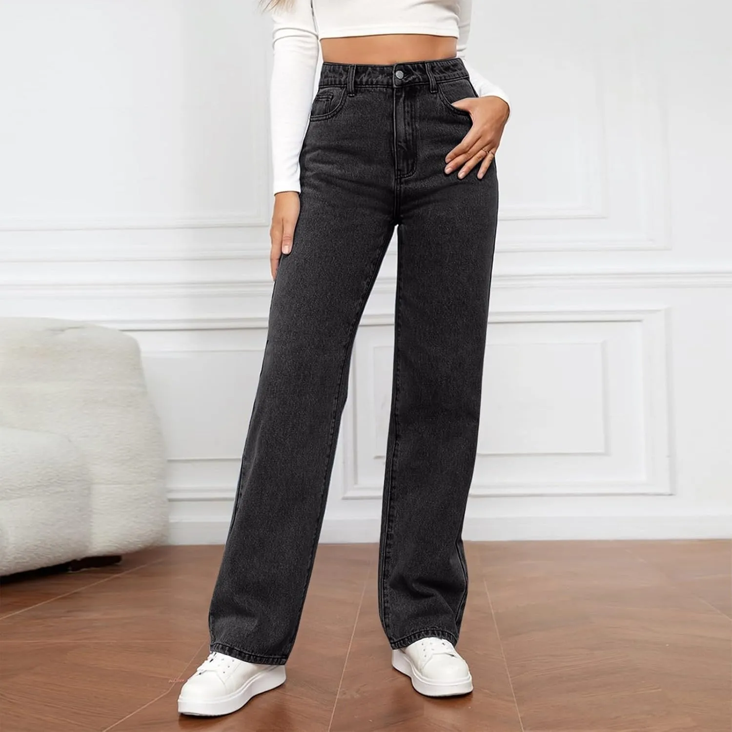 High Waisted Jeans for Women Straight Leg Denim Pants Wide Leg Jeans High Rise Trendy Pants Plus Size with Pocket