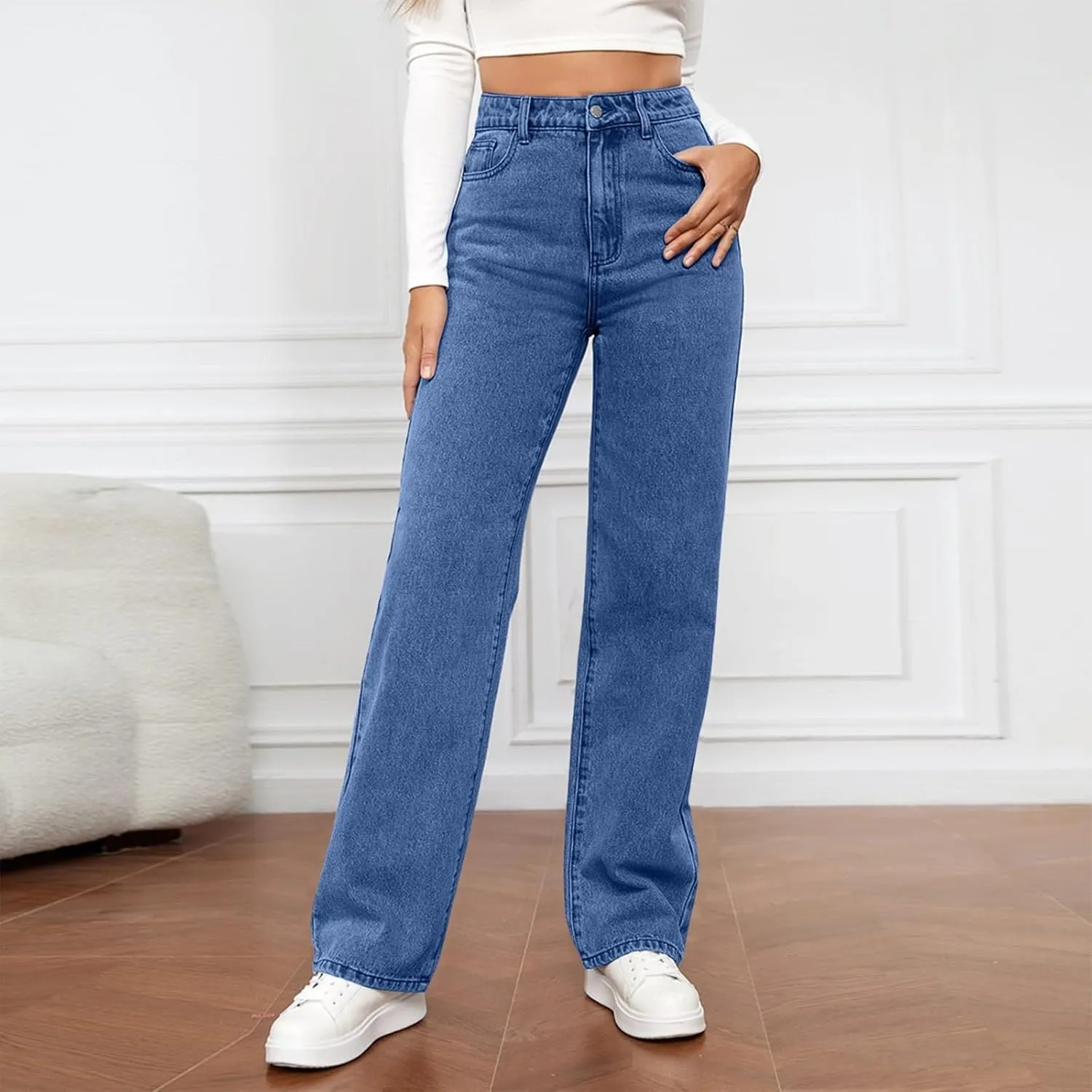High Waisted Jeans for Women Straight Leg Denim Pants Wide Leg Jeans High Rise Trendy Pants Plus Size with Pocket