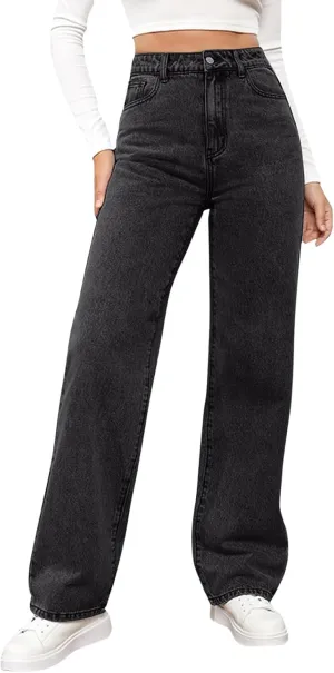 High Waisted Jeans for Women Straight Leg Denim Pants Wide Leg Jeans High Rise Trendy Pants Plus Size with Pocket