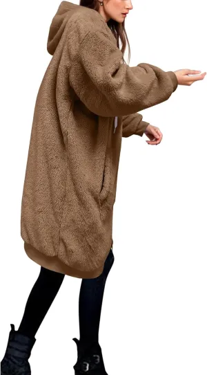 iLH Womens Full Zip Long Hoodies Fleece Soft Cozy Hooded Sweatshirts For Women Fall Winter Leisure Ovrsized Long Jacket