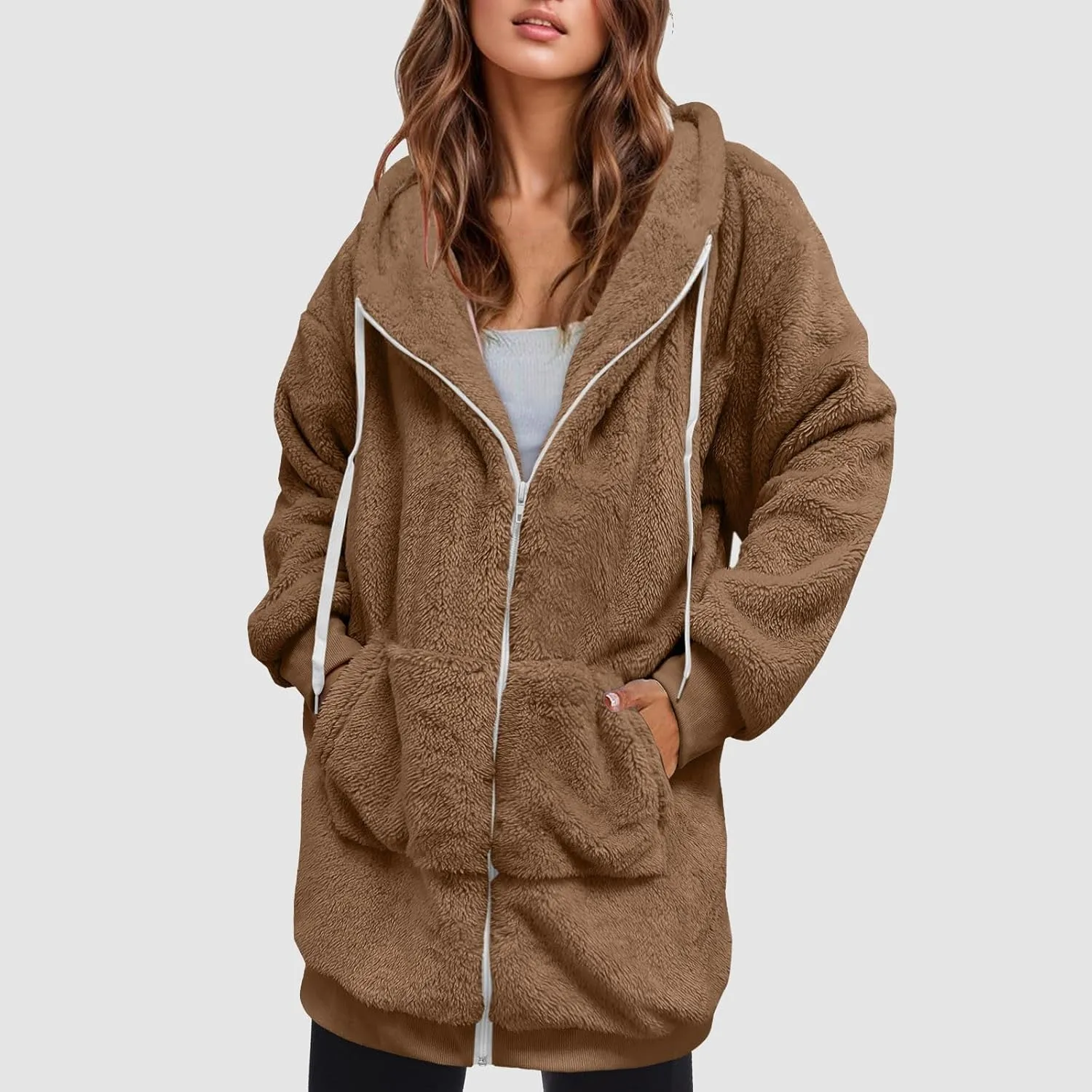 iLH Womens Full Zip Long Hoodies Fleece Soft Cozy Hooded Sweatshirts For Women Fall Winter Leisure Ovrsized Long Jacket