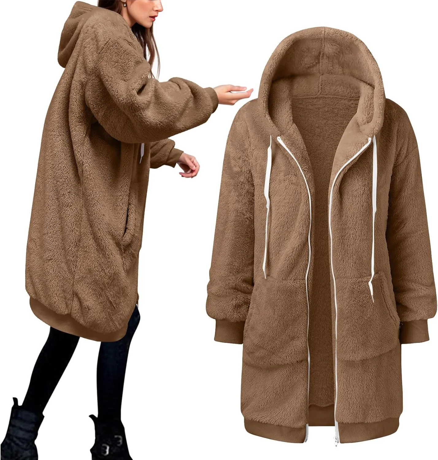 iLH Womens Full Zip Long Hoodies Fleece Soft Cozy Hooded Sweatshirts For Women Fall Winter Leisure Ovrsized Long Jacket
