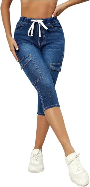 Jean Capris for Women Stretchy Drawstring High Waisted Cargo Jeans Trendy Slim Fit Denim Capri Pants with Pockets