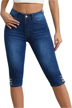 Jean Capris for Women Stretchy Drawstring High Waisted Cargo Jeans Trendy Slim Fit Denim Capri Pants with Pockets