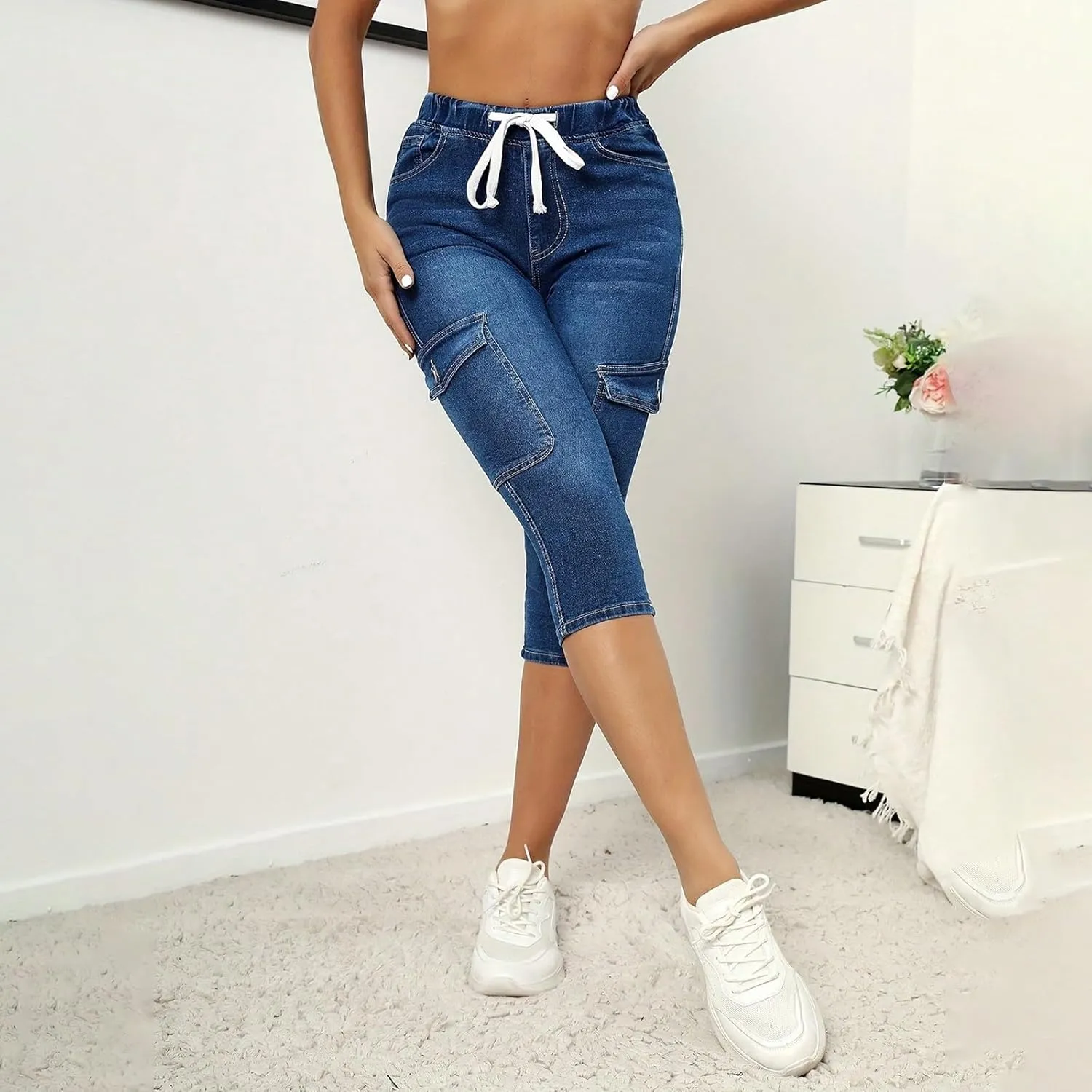 Jean Capris for Women Stretchy Drawstring High Waisted Cargo Jeans Trendy Slim Fit Denim Capri Pants with Pockets