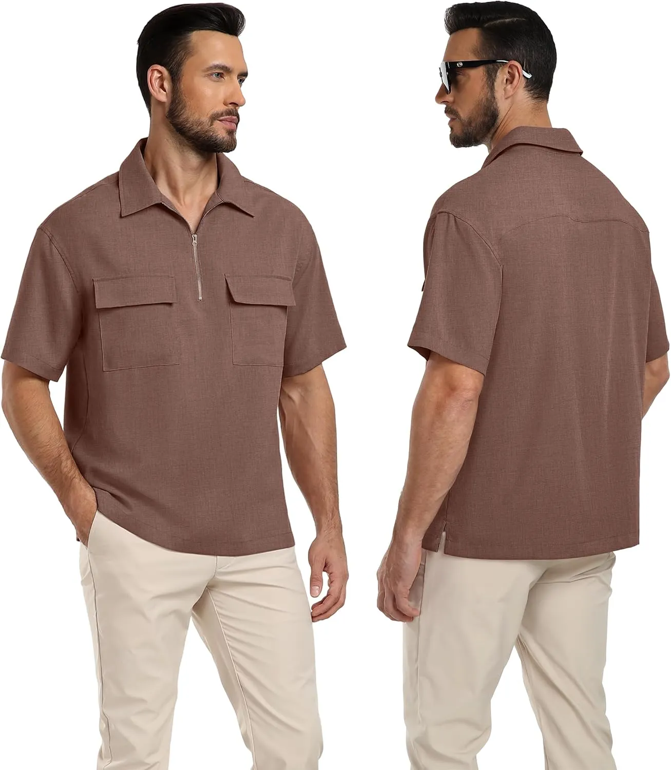 Lepunuo Mens Zipper Polo Shirts Linen Casual Short Sleeve Shirts Loose Fit T Shirts with Cargo Pockets