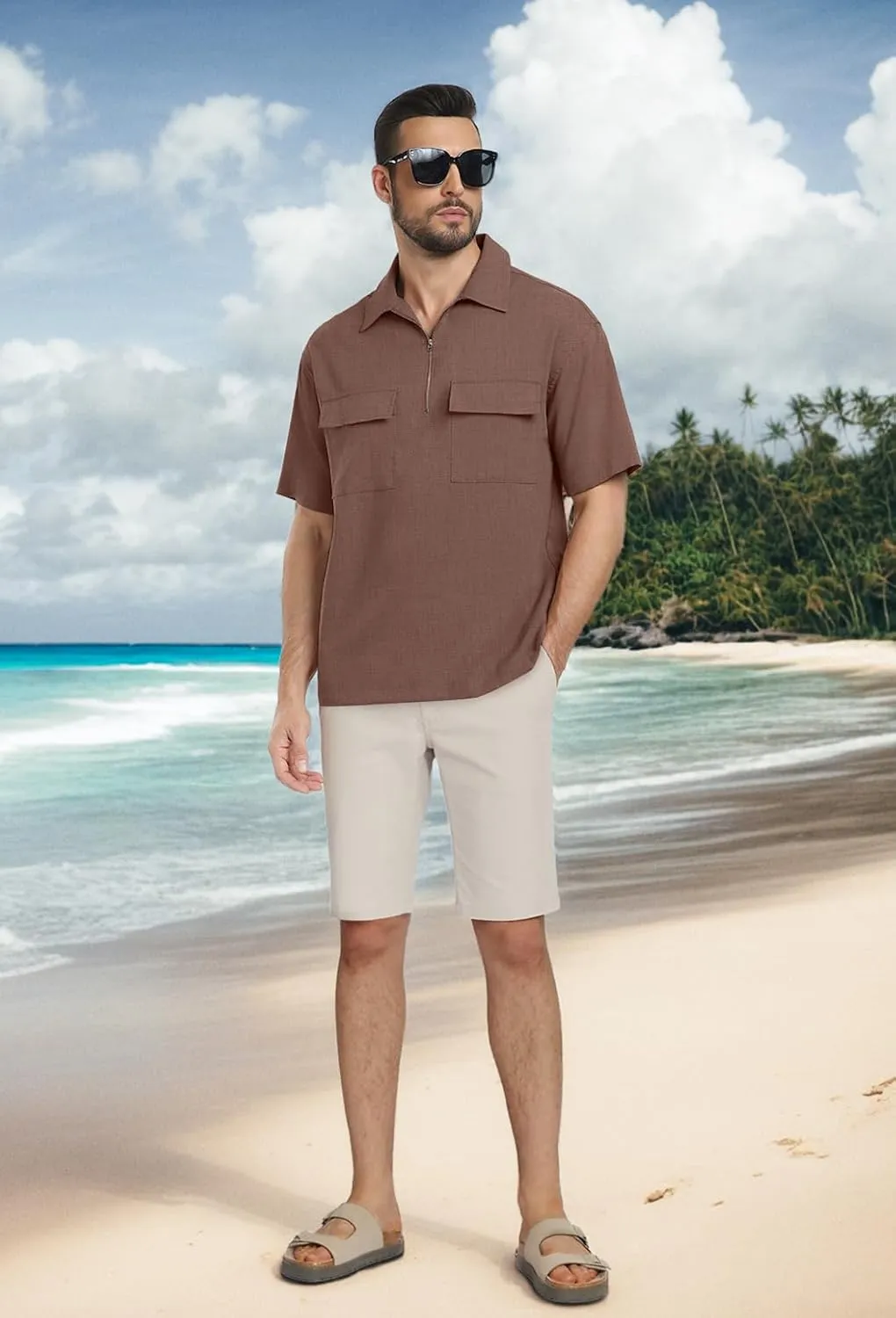 Lepunuo Mens Zipper Polo Shirts Linen Casual Short Sleeve Shirts Loose Fit T Shirts with Cargo Pockets